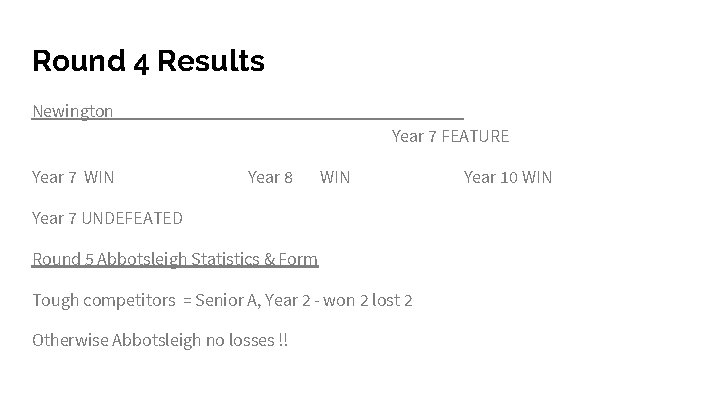 Round 4 Results Newington Year 7 FEATURE Year 7 WIN Year 8 WIN Year