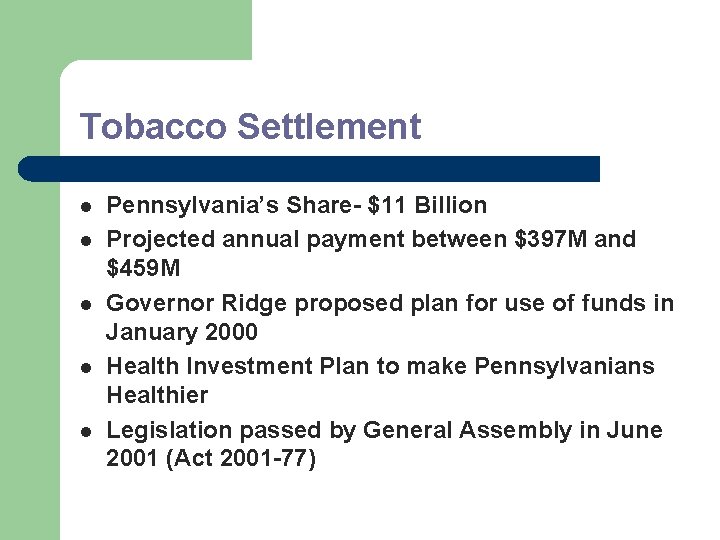 Tobacco Settlement l l l Pennsylvania’s Share- $11 Billion Projected annual payment between $397