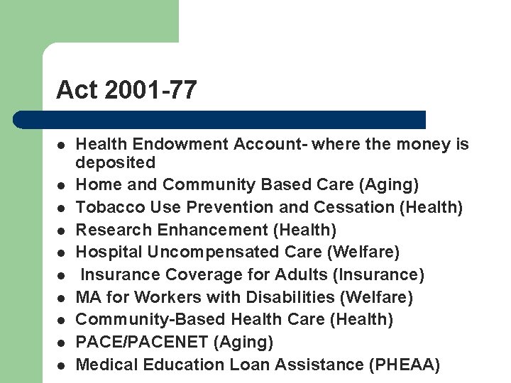 Act 2001 -77 l l l l l Health Endowment Account- where the money