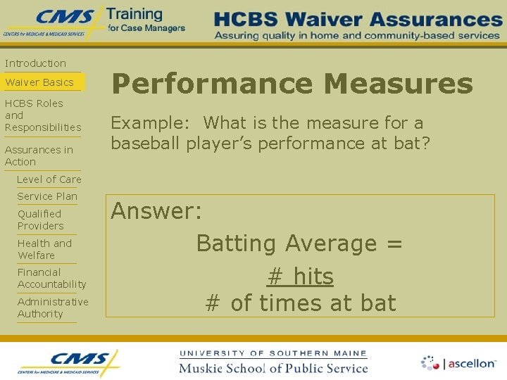 Introduction Waiver Basics HCBS Roles and Responsibilities Assurances in Action Performance Measures Example: What