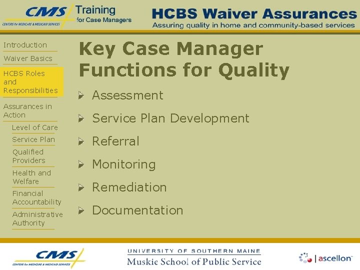 Introduction Waiver Basics HCBS Roles and Responsibilities Assurances in Action Level of Care Service