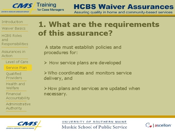 Introduction Waiver Basics HCBS Roles and Responsibilities Assurances in Action Level of Care 1.