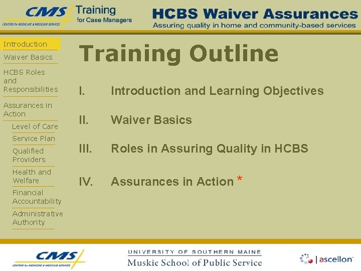 Introduction Waiver Basics HCBS Roles and Responsibilities Assurances in Action Level of Care Service