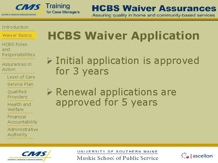 Introduction Waiver Basics HCBS Roles and Responsibilities Assurances in Action Level of Care Service