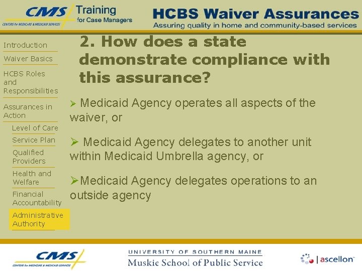 Introduction Waiver Basics HCBS Roles and Responsibilities Assurances in Action Level of Care Service
