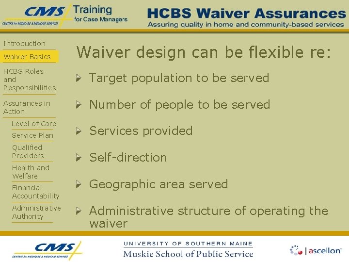 Introduction Waiver Basics Waiver design can be flexible re: HCBS Roles and Responsibilities Target