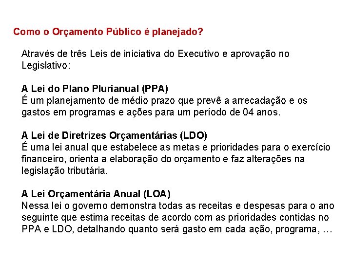 Como o Orçamento Público é planejado? Através de três Leis de iniciativa do Executivo