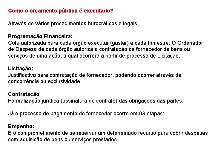 Como o orçamento público é executado? Através de vários procedimentos burocráticos e legais: Programação