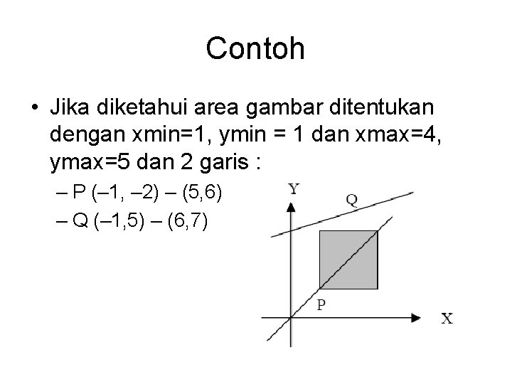 Contoh • Jika diketahui area gambar ditentukan dengan xmin=1, ymin = 1 dan xmax=4,
