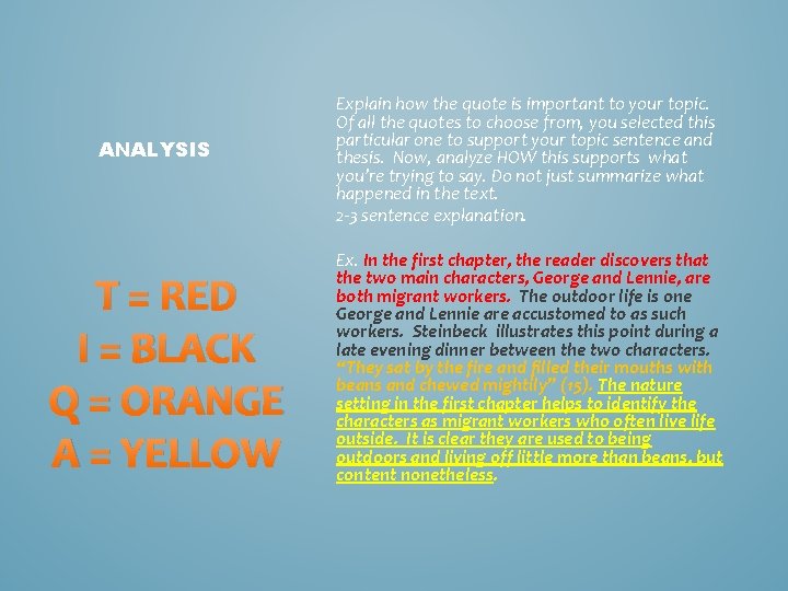 ANALYSIS T = RED I = BLACK Q = ORANGE A = YELLOW Explain