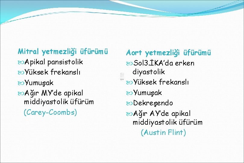 Mitral yetmezliği üfürümü Apikal pansistolik Yüksek frekanslı Yumuşak Ağır MY’de apikal middiyastolik üfürüm (Carey-Coombs)