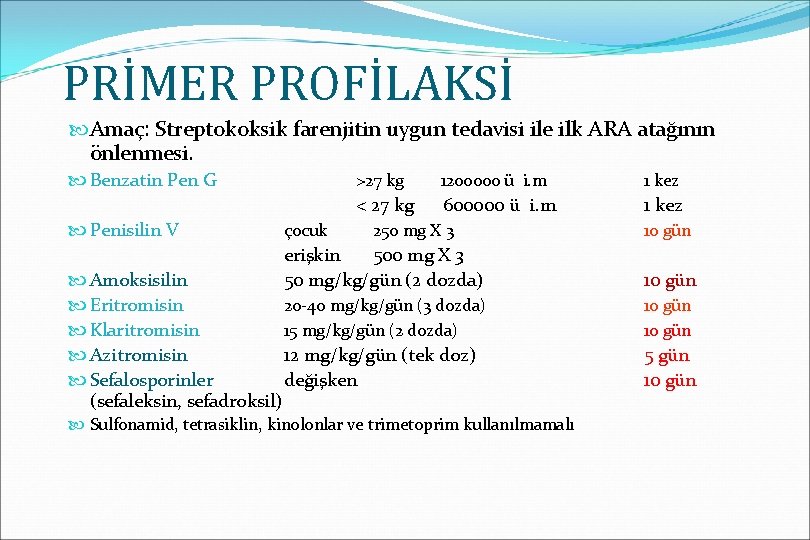 PRİMER PROFİLAKSİ Amaç: Streptokoksik farenjitin uygun tedavisi ile ilk ARA atağının önlenmesi. Benzatin Pen