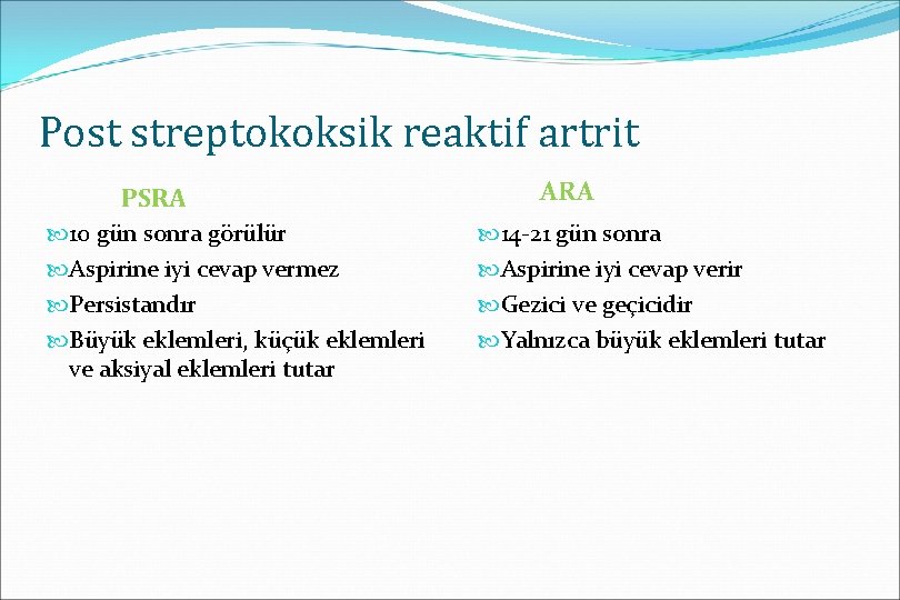 Post streptokoksik reaktif artrit PSRA 10 gün sonra görülür Aspirine iyi cevap vermez Persistandır