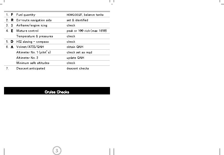 1. F Fuel quantity HOWGOESIT, balance tanks 2. R En-route navigation aids set &