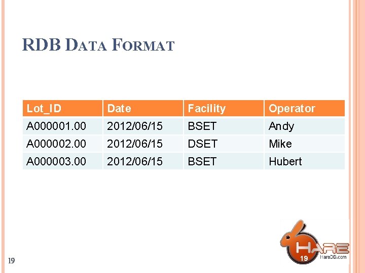 RDB DATA FORMAT 19 Lot_ID Date Facility Operator A 000001. 00 2012/06/15 BSET Andy