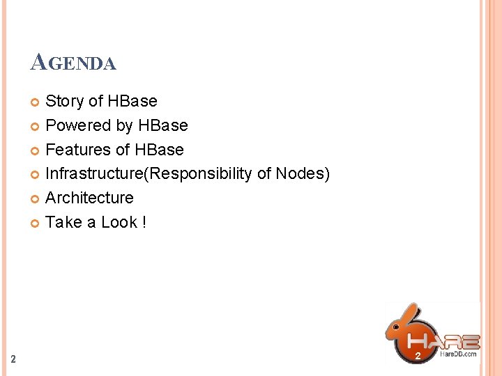 AGENDA Story of HBase Powered by HBase Features of HBase Infrastructure(Responsibility of Nodes) Architecture