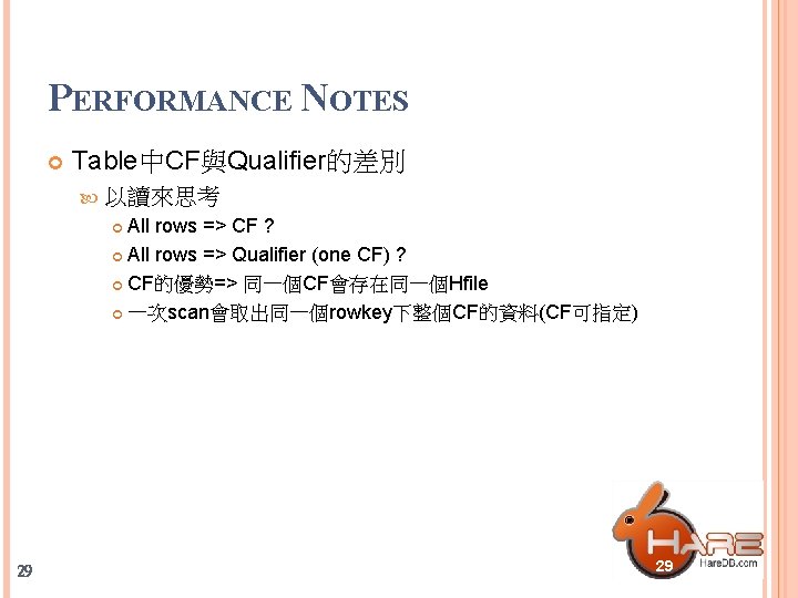 PERFORMANCE NOTES Table中CF與Qualifier的差別 以讀來思考 All rows => CF ? All rows => Qualifier (one