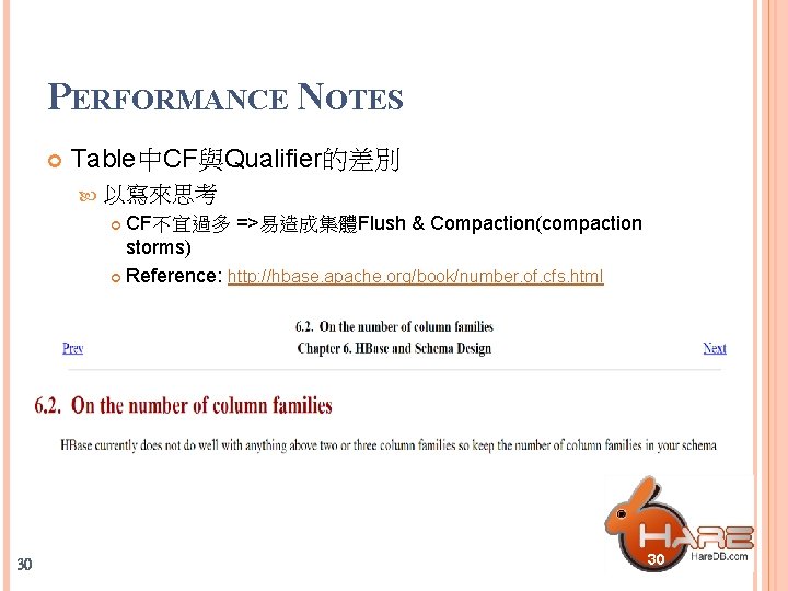 PERFORMANCE NOTES Table中CF與Qualifier的差別 以寫來思考 CF不宜過多 =>易造成集體Flush & Compaction(compaction storms) Reference: http: //hbase. apache. org/book/number.
