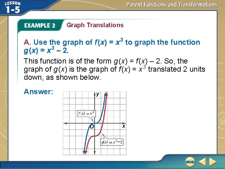 Graph Translations A. Use the graph of f (x) = x 3 to graph Graph Translations A. Use the graph of f (x) = x 3 to graph