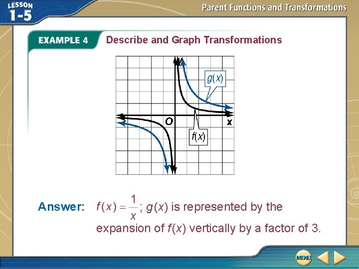 Describe and Graph Transformations Answer: ; g (x) is represented by the expansion of