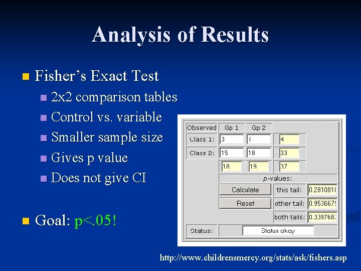 Analysis of Results n Fisher’s Exact Test 2 x 2 comparison tables n Control