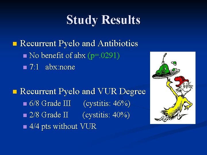 Study Results n Recurrent Pyelo and Antibiotics No benefit of abx (p=. 0291) n