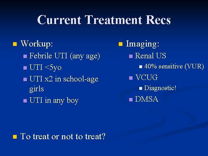 Current Treatment Recs n Workup: Febrile UTI (any age) n UTI <5 yo n