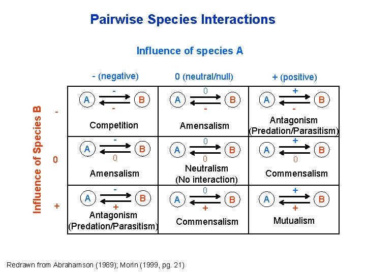 Pairwise Species Interactions Influence of species A Influence of Species B A - -