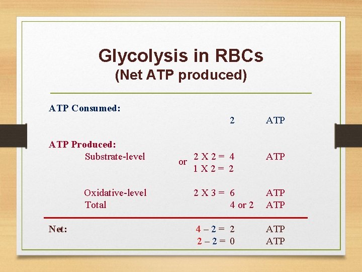 Glycolysis in RBCs (Net ATP produced) ATP Consumed: 2 ATP Produced: Substrate-level 2 X