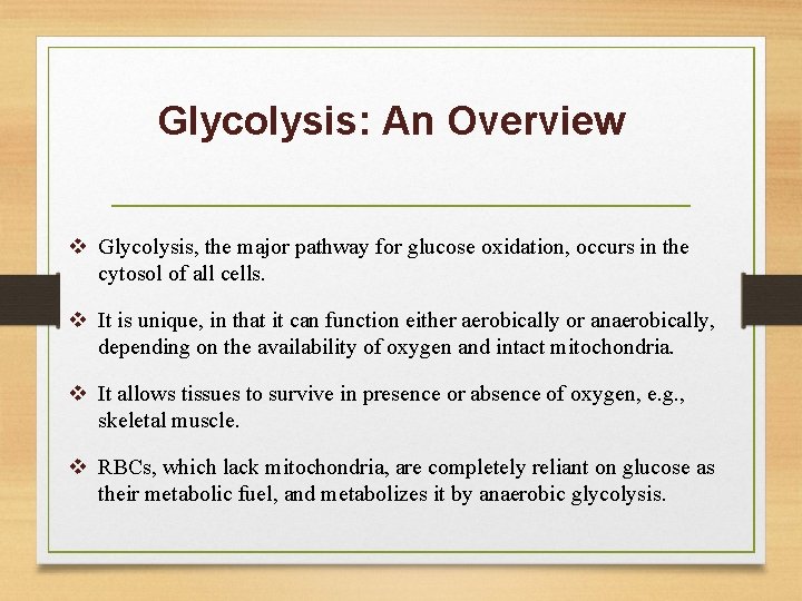 Glycolysis: An Overview v Glycolysis, the major pathway for glucose oxidation, occurs in the