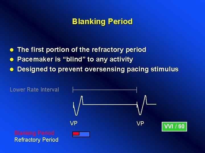Blanking Period The first portion of the refractory period l Pacemaker is “blind” to Blanking Period The first portion of the refractory period l Pacemaker is “blind” to