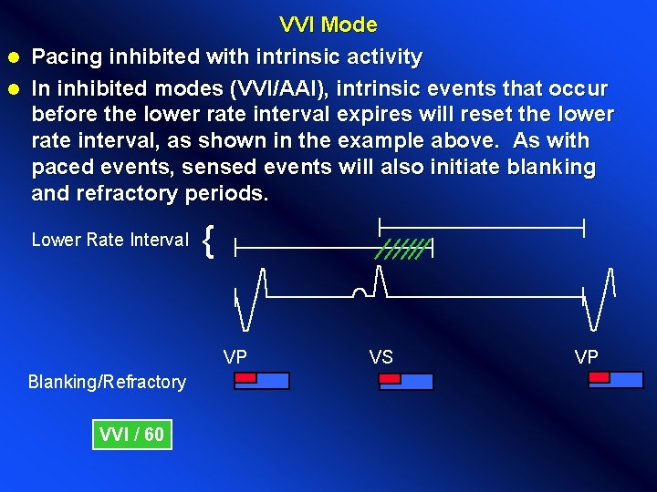 VVI Mode l Pacing inhibited with intrinsic activity l In inhibited modes (VVI/AAI), intrinsic