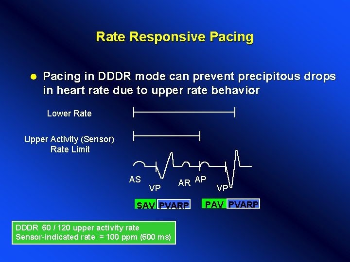 Rate Responsive Pacing l Pacing in DDDR mode can prevent precipitous drops in heart Rate Responsive Pacing l Pacing in DDDR mode can prevent precipitous drops in heart