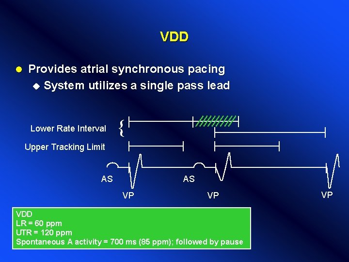VDD l Provides atrial synchronous pacing u System utilizes a single pass lead Lower VDD l Provides atrial synchronous pacing u System utilizes a single pass lead Lower