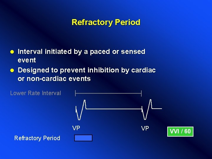 Refractory Period Interval initiated by a paced or sensed event l Designed to prevent Refractory Period Interval initiated by a paced or sensed event l Designed to prevent