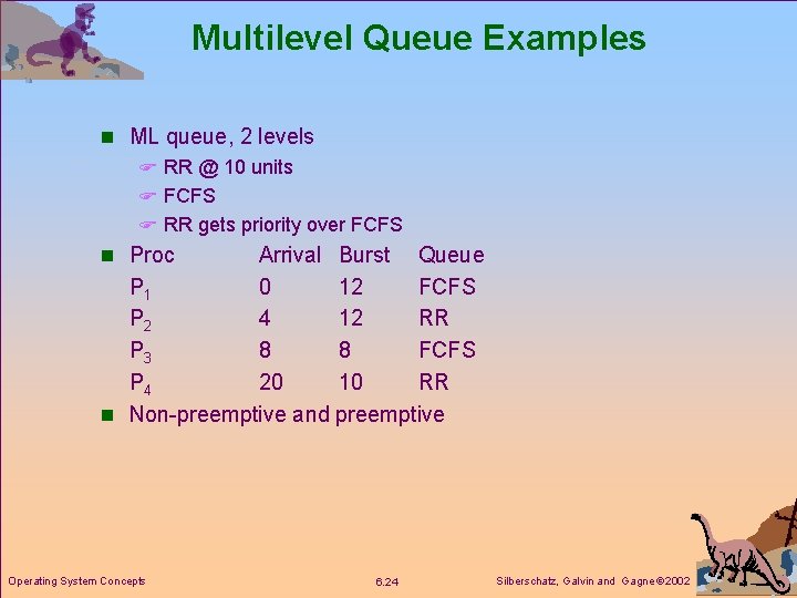 Multilevel Queue Examples n ML queue, 2 levels F RR @ 10 units F