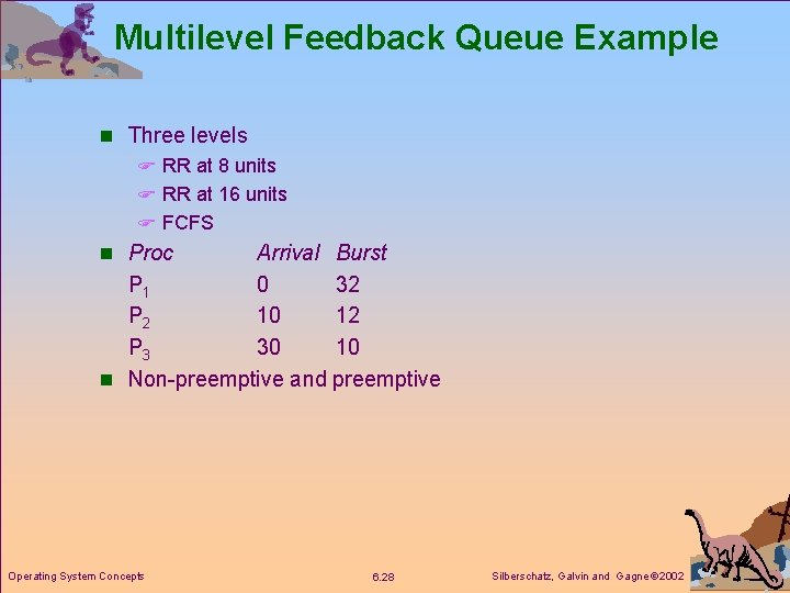 Multilevel Feedback Queue Example n Three levels F RR at 8 units F RR