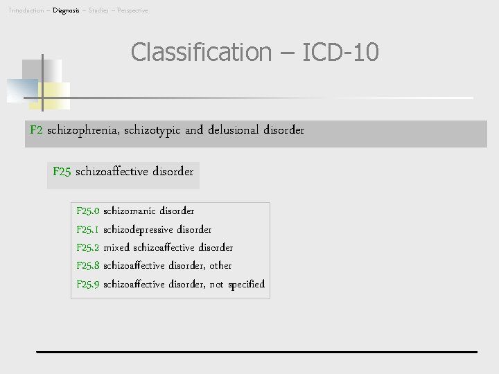 Introduction – Diagnosis – Studies – Perspective Classification – ICD-10 F 2 schizophrenia, schizotypic