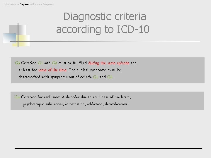 Intorduction – Diagnosis – Studies – Perspective Diagnostic criteria according to ICD-10 G 3