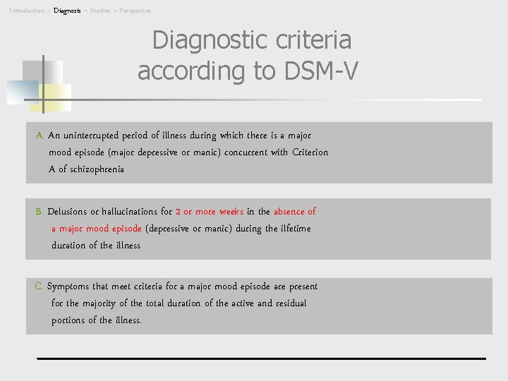 Introduction – Diagnosis – Studies – Perspective Diagnostic criteria according to DSM-V A. An