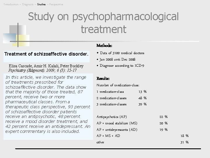 Introduction – Diagnosis – Studies – Perspecttive Study on psychopharmacological treatment Treatment of schizoaffective