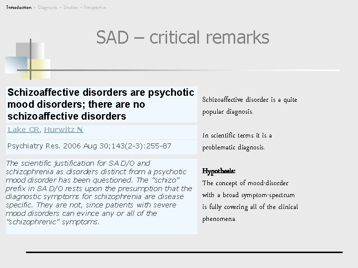 Introduction – Diagnosis – Studies – Perspective SAD – critical remarks Schizoaffective disorders are