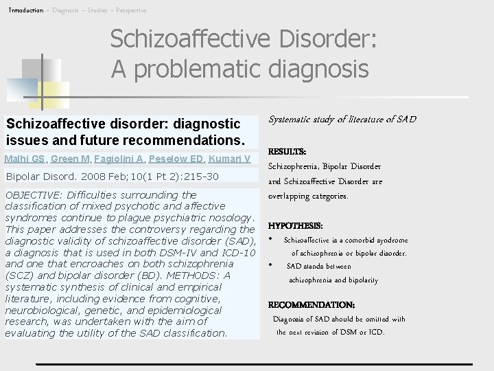 Introduction – Diagnosis – Studies – Perspective Schizoaffective Disorder: A problematic diagnosis Schizoaffective disorder: