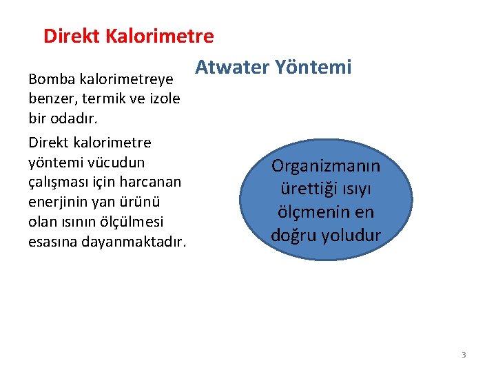 Direkt Kalorimetre Atwater Yöntemi Bomba kalorimetreye benzer, termik ve izole bir odadır. Direkt kalorimetre