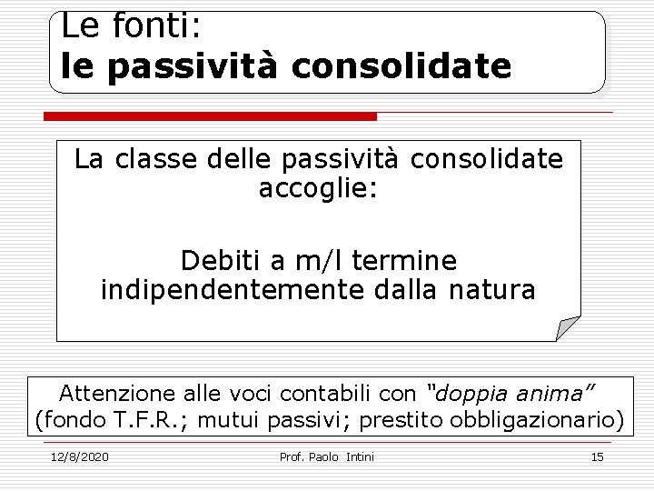 Le fonti: le passività consolidate La classe delle passività consolidate accoglie: Debiti a m/l