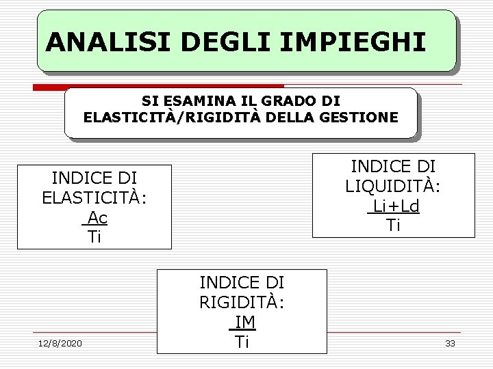 ANALISI DEGLI IMPIEGHI SI ESAMINA IL GRADO DI ELASTICITÀ/RIGIDITÀ DELLA GESTIONE INDICE DI LIQUIDITÀ: