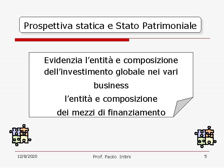 Prospettiva statica e Stato Patrimoniale Evidenzia l’entità e composizione dell’investimento globale nei vari business