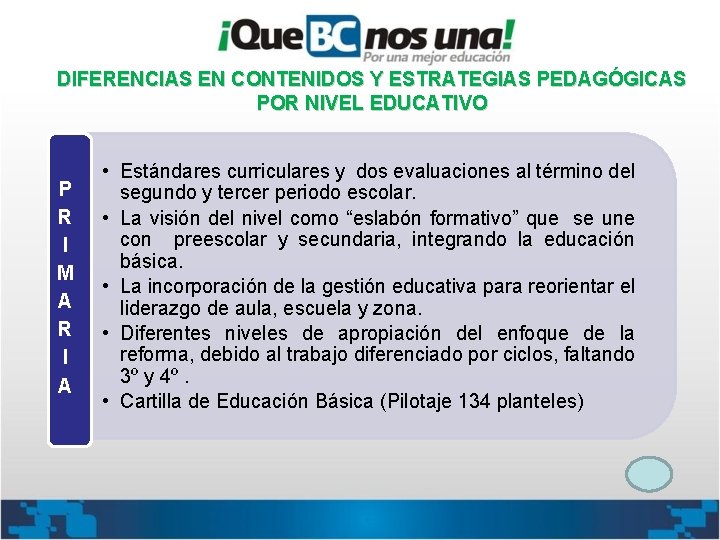 DIFERENCIAS EN CONTENIDOS Y ESTRATEGIAS PEDAGÓGICAS POR NIVEL EDUCATIVO P R I M A