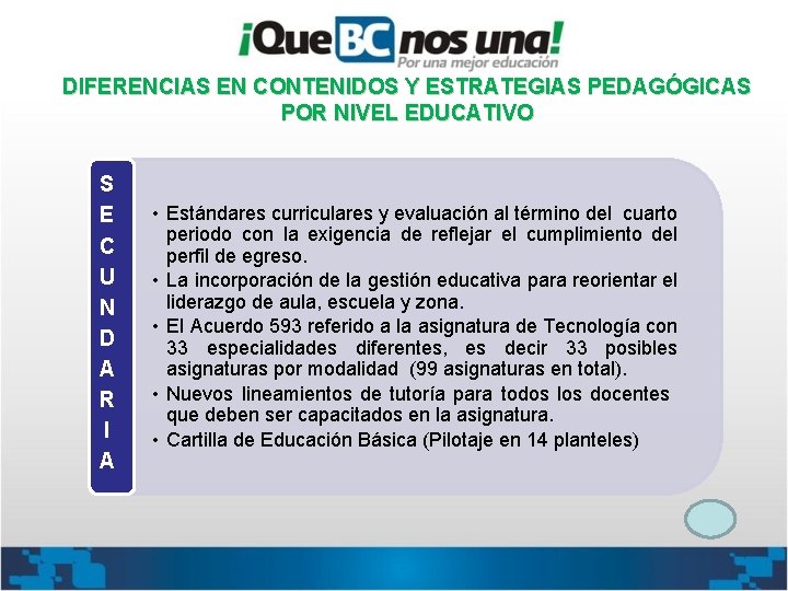 DIFERENCIAS EN CONTENIDOS Y ESTRATEGIAS PEDAGÓGICAS POR NIVEL EDUCATIVO S E C U N