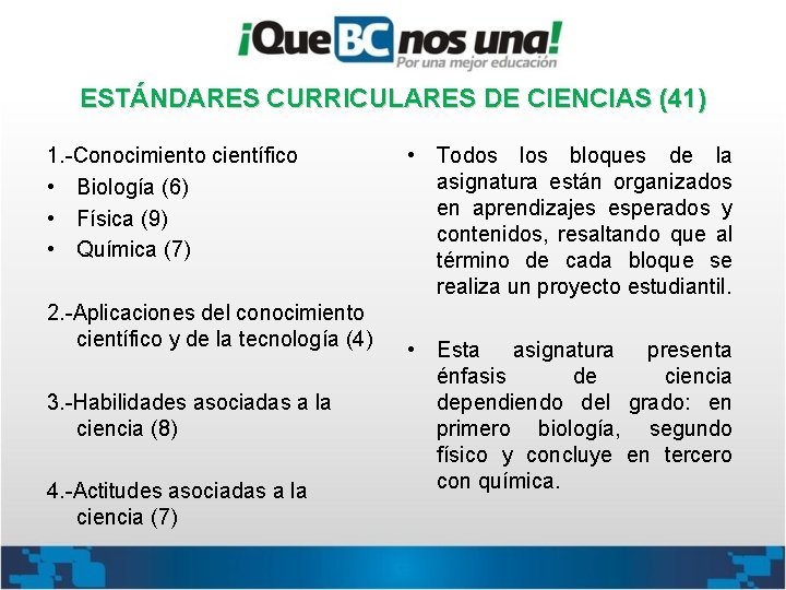 ESTÁNDARES CURRICULARES DE CIENCIAS (41) 1. -Conocimiento científico • Biología (6) • Física (9)